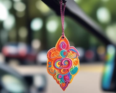 Close-up of a colorful paper car air freshener hanging from a rearview mirror.