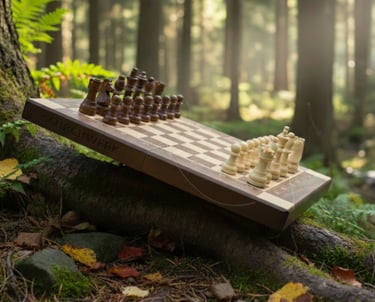 A wooden chess set balanced on a mossy tree root in a sunlit forest.