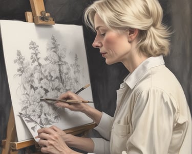 A warm portrait of Fotini Mpali in her studio surrounded by her colorful paintings.