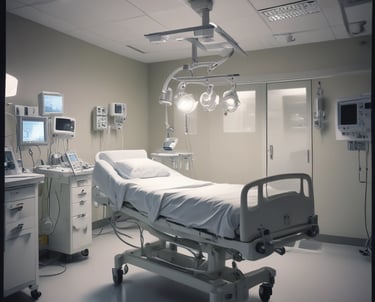 A professional medical device engineer inspecting a high-tech ICU ventilator in a modern facility.