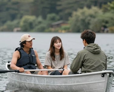 Electric boat gliding on the calm waters of Kupiškio marios surrounded by lush greenery.