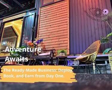 Tiny house terrace with chairs, table and flowers