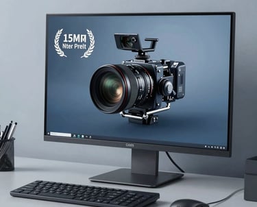 Professional designer working on a high-end monitor, clean modern desk, slate blue and light blue grey tones.