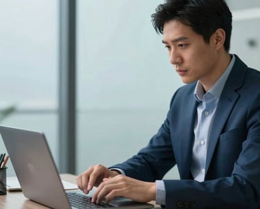 Digital marketing expert analyzing ad metrics on a laptop, professional office, dark slate blue and pale ice blue colors.