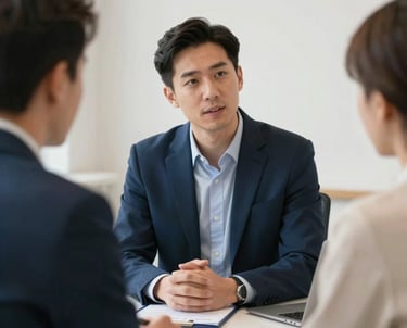 Business advisor consulting with a client, strategic and reliable mood, deep blue and off-white tones.