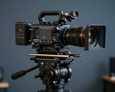 Professional filmmaker holding a high-end cinema camera, modern studio setting, dark navy and slate blue colors.