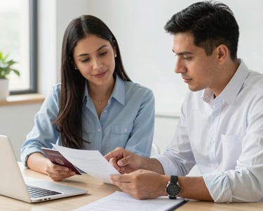 A friendly consultant explaining visa steps to a client in a cozy office.