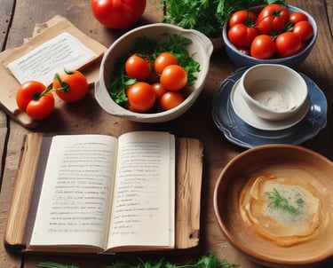 A cozy kitchen scene with a rustic wooden table filled with colorful fresh ingredients and a handwritten recipe card.