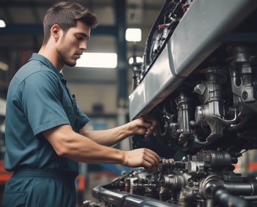 Professional mechanic working on a Toyota car engine in a clean workshop.