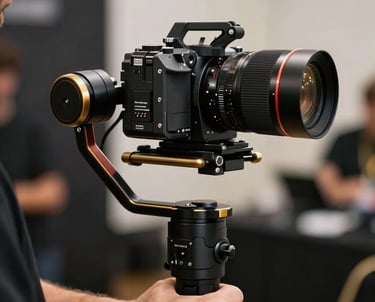 Close-up of a professional camera gimbal stabilizer being operated by a person in a luxury event setting, gold and black aesthetic, Romanian / Eastern European context.