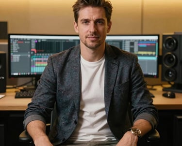 A professional portrait of a Romanian / Eastern European creative director, dressed in smart-casual attire, sitting in a luxury editing suite with gold ambient lighting.