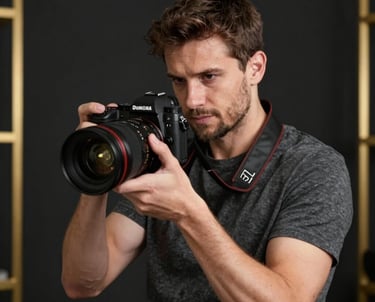 Portrait of a professional Romanian / Eastern European lead photographer, holding a high-end mirrorless camera, cinematic lighting with a dark background and gold accents.