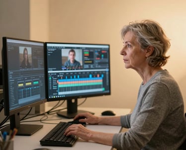 Portrait of a Romanian / Eastern European female senior video editor working at a desk with dual monitors, soft gold backlighting, professional and focused atmosphere.