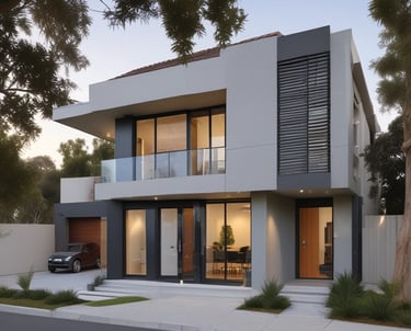 A modern single-storey custom home with large windows and a landscaped front yard.