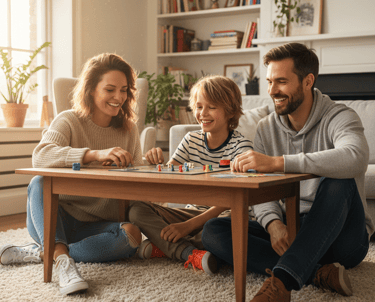 A happy family plays a tabletop board game on a coffee table in a bright living room.