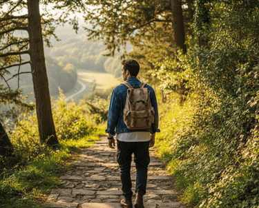 A male hiker with a canvas backpack walks down a stone path in a sunny forest during sunset.
