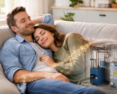 A happy couple relaxes on a sofa, enjoying a warm home thanks to an efficient water heater and boiler system, emphasizing