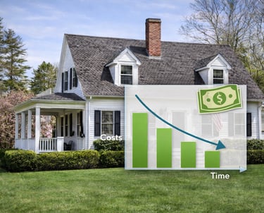 A white colonial house with a graph overlaid showing decreasing costs over time, symbolizing home cost reduction.