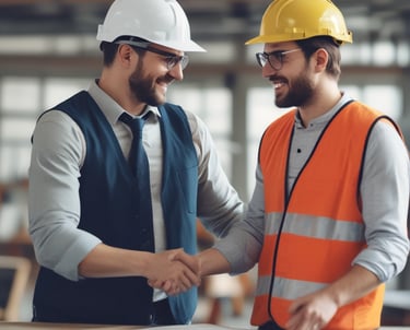 two men shaking hands in a building