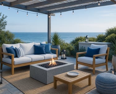 Coastal patio with a modern sofa, square concrete fire pit, wood furniture, and ocean backdrop.