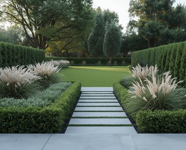 A modern garden pathway bordered by ornamental grasses, low hedges, and structured greenery leading