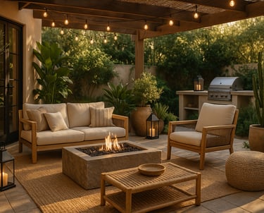 Warm outdoor seating area under a pergola with string lights, a modern fire pit, and neutral cushion