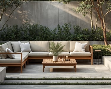 Modern backyard seating area with wood outdoor furniture, layered shrubs, ornamental grasses, and lu