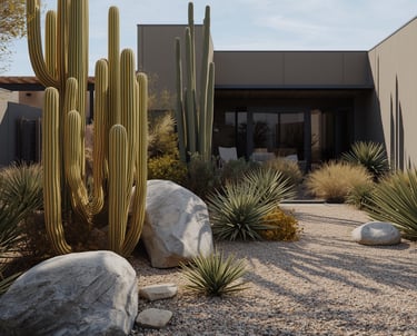 Contemporary desert-style landscape featuring tall cacti, agaves, gravel groundcover, and large natu