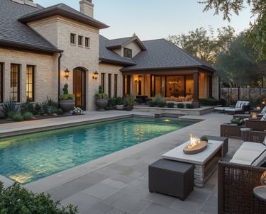 Elegant Texas-style backyard with a sparkling pool, limestone home exterior, cushioned wicker seatin