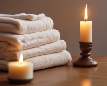 A serene therapy room with soft lighting and natural elements.