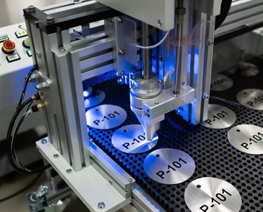Precision fiber laser engraver marking stainless steel industrial tags on a production bed