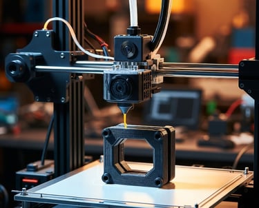 Desktop 3D printer creating a black plastic prototype on a heated build plate in a workshop.