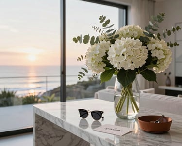 A serene Newport Beach estate at sunset framed by deep navy blue and gold accents.