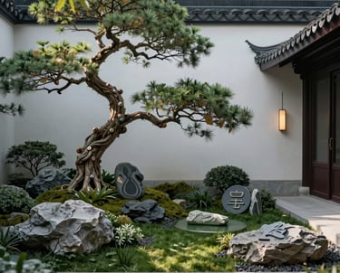 A refined East Asian scene showing a modern interpretation of the Five Elements in a garden, with artistic balance and serene lighting, reflecting long-term growth.