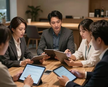 A collaborative meeting of East Asian professionals in a quiet luxury workspace, discussing wellness strategies with digital tablets and warm lighting.