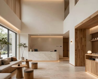 A minimalist and premium East Asian wellness center lobby, featuring clean architectural lines, warm natural materials, and a sense of peaceful sanctuary.