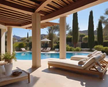 Modern luxury villa with sea view in Marbella at sunset.