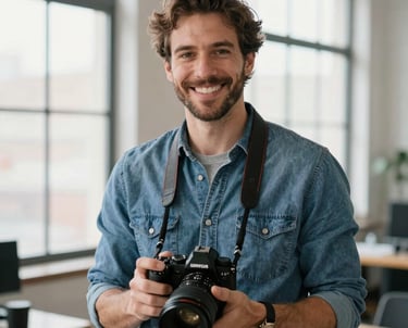 A portrait of a creative man with a warm smile, wearing a casual denim shirt, holding a high-end camera, standing in a brightly lit photography studio with large windows. North American / US.