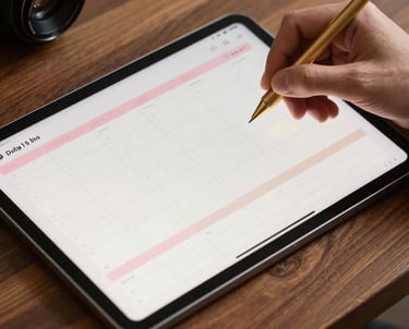 A close-up photograph of a hand using a gold stylus on a digital tablet screen, displaying a beautifully organized daily planner with pink and beige design accents, sitting on a chic wooden table.