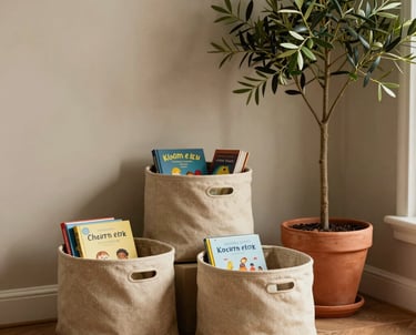 A gorgeous corner of a modern living room featuring aesthetic sand-beige storage baskets holding children's books next to a green potted olive tree in a terracotta pot, warm and chic North American / US decor.