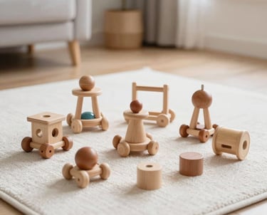 A bright, playful shot of adorable minimalist wooden toddler toys arranged neatly on a clean white rug in a sunny North American / US playroom, natural and bright style.