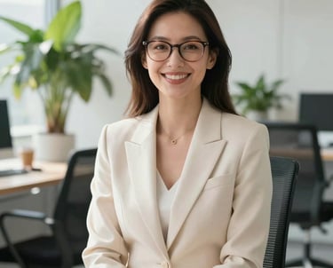 A bright portrait of a smiling professional woman with stylish glasses and a cream-colored blazer, sitting in a modern, sunlit North American / US office with green potted plants in the background.