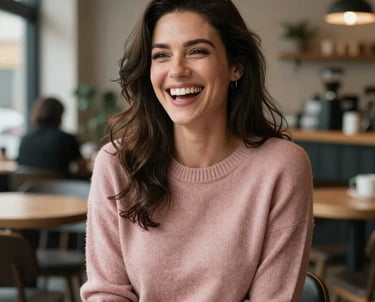 A relaxed, friendly portrait of a professional woman wearing a soft dusty rose knit sweater, laughing candidly in a modern, beautiful coffee shop setting in North American / US.