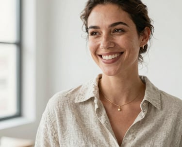 A professional yet fun headshot of a stylish creative professional woman smiling warmly in a bright, modern studio. She is wearing a relaxed neutral linen shirt and delicate gold jewelry. Bright natural lighting, North American / US context.