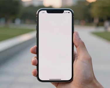 Photography of a person's hand holding a high-end smartphone displaying a clean, minimal interface, set against a backdrop of a modern North American park during golden hour. Soft focus background.