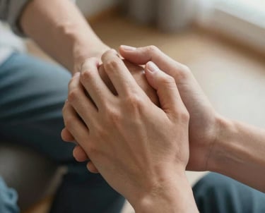 Close-up photography of a young adult's hands clasping another person's hands in a gesture of support. North American domestic setting, soft natural lighting, safe and trustworthy mood.