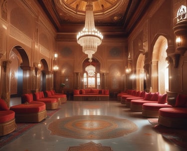 A lively wedding celebration with musicians playing traditional Middle Eastern instruments under warm lighting.