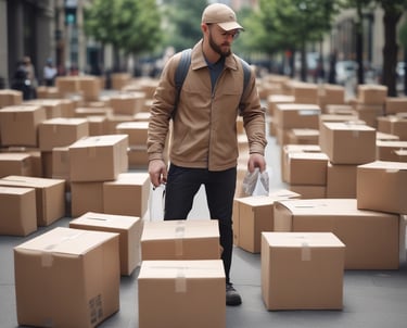 Courier delivering a package quickly in an urban business district.