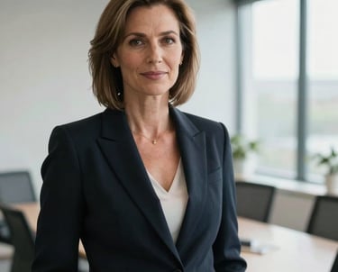 A professional portrait of a woman in her late 40s, European, wearing a dark blazer, standing in a bright modern office in Courbevoie, representing leadership and confidence.