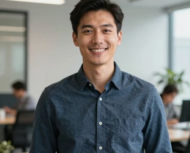 A professional portrait of a male staff member in modern business casual attire, smiling confidently, in a clean European office setting with soft focus background.